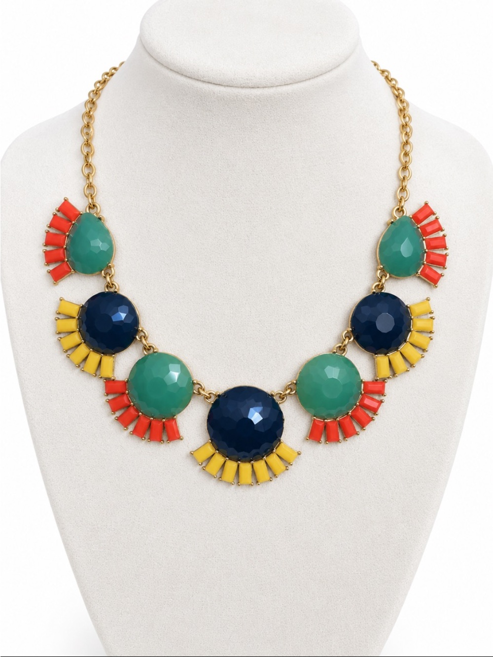 Colorful Faceted Statement Necklace Teal Navy Coral & Yellow Gold Tone